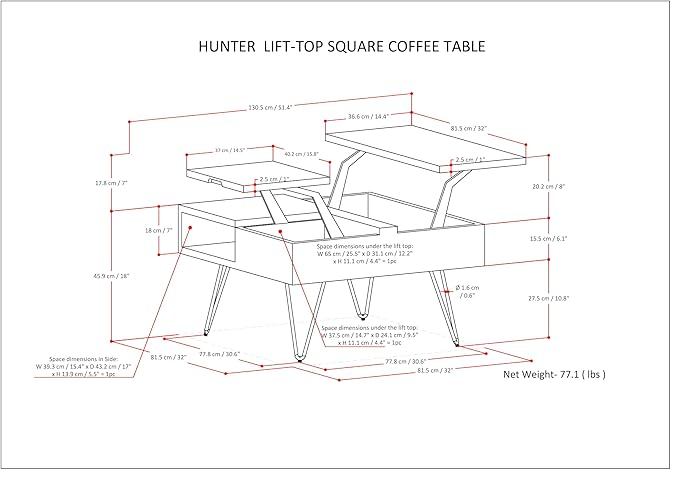 SIMPLIHOME Hunter SOLID MANGO WOOD Wide Square Industrial Lift Top Coffee Table for The Living Family Room, 32 inch, Umber Brown, Gold - LeafyLoom