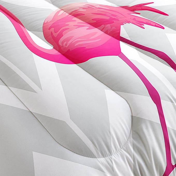 Flamingo Comforter Set Full Size Tropical Flamingo Geometric Stripe Bedding Set Flamingo Quilted Duvet for Kids Girls Boys Adult with 1 Comforter and 2 Pillowcases - LeafyLoom