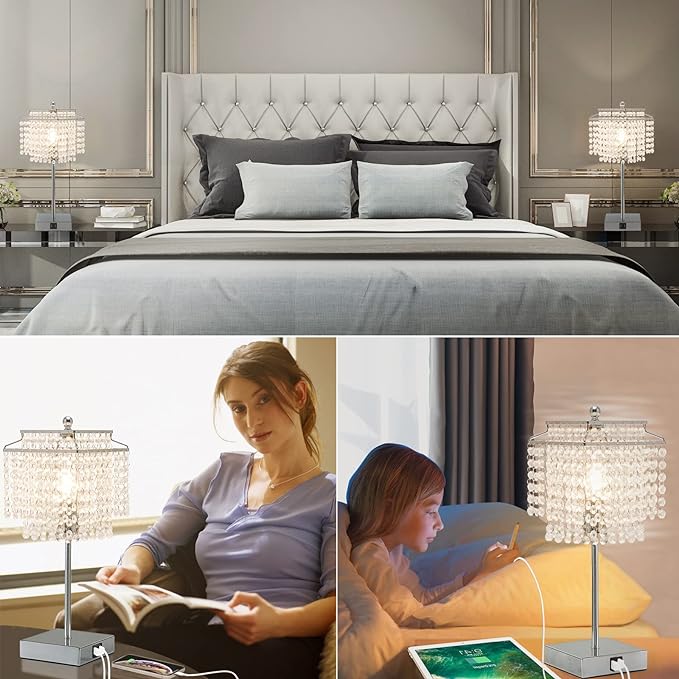 Luvkczc Crystal Table Lamp with Touch Control, USB Bedside Crystal Table Lamp, 3-Way Dimmable Lamp with Crystal Shade for Girls Bedroom, Living Room, 6W LED Bulb Included - LeafyLoom