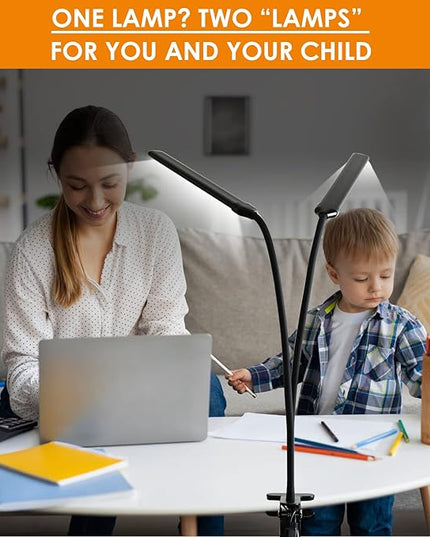 Desk Lamp, Clamp on Lamp with 2 LED Tubes, 13W, 1200 Lms, 3 Color Modes, 10 Brightness Levels, 18.5 Inches Flexible Gooseneck LED Clip Book Light for Reading, Working (Adapter Included) - LeafyLoom