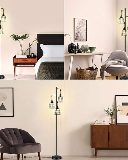 Industrial 3-Light Tree Floor Lamp with Cup-shaped Cages Farmhouse Rustic Tall Standing Lamp for Living Room Vintage Elegant Black Pole Light with Edison E26 Base Metal Shade for Bedroom Office Hotel - LeafyLoom