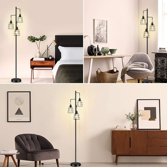 Industrial 3-Light Tree Floor Lamp with Cup-shaped Cages Farmhouse Rustic Tall Standing Lamp for Living Room Vintage Elegant Black Pole Light with Edison E26 Base Metal Shade for Bedroom Office Hotel - LeafyLoom