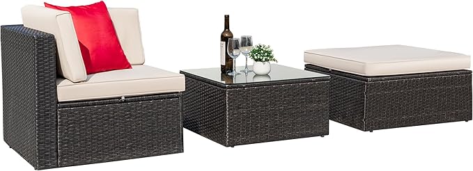 Greesum 3 Piece Patio Conversation Set Wicker Rattan Furniture Outdoor Sofa with Cushions,Pillows and Glass Table for Porch,Lawn and Yard, Beige - LeafyLoom