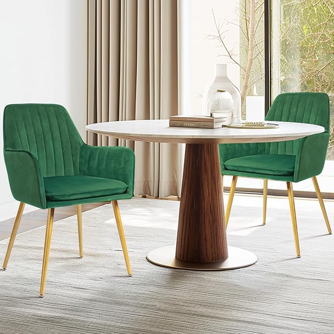 CangLong Furniture Modern Living Dining Room Accent Arm Chairs Club Guest with Gold Metal Legs, Set of 2, Green - LeafyLoom