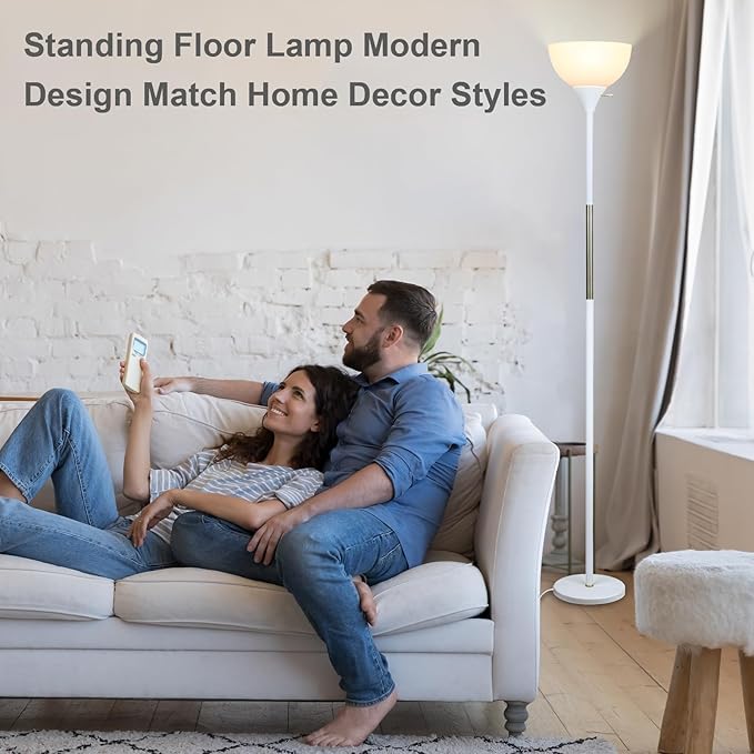 Floor Lamp, LED Standing Lamp 3 Way Dimmable Brightness Floor Lamp Rotary Switch Floor Lamps Modern Industrial Lamp with Shade, Tall Lamps for Living Room Bedroom Office Dining Room (White) - LeafyLoom