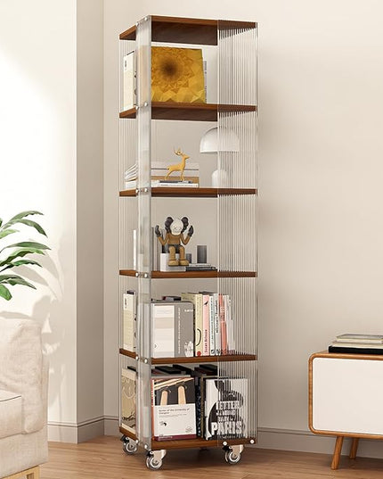 5-Tier Acrylic Book Shelf with Wheels, Mobile Tall Bookcase, Modern Unique Bookshelf Tower, Visible Display Shelf, 360° Rotating Bookshelf Organizer for Home Office Living Room, Walnut - LeafyLoom