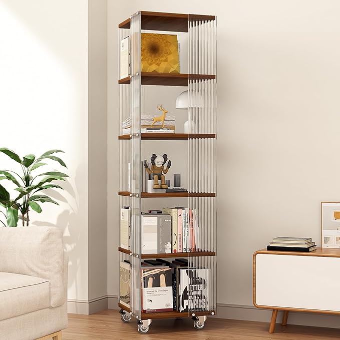 5-Tier Acrylic Book Shelf with Wheels, Mobile Tall Bookcase, Modern Unique Bookshelf Tower, Visible Display Shelf, 360° Rotating Bookshelf Organizer for Home Office Living Room, Walnut - LeafyLoom