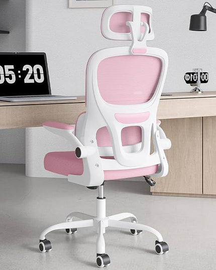 Soohow Ergonomic Home Office Chair, Mesh Desk Chair with Lumbar Support, Comfy Computer Desk Chair with Flip Armrest Rolling Wheels, Adjustable Headrest, Pink. - LeafyLoom