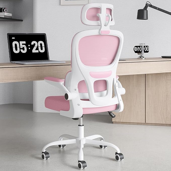 Soohow Ergonomic Home Office Chair, Mesh Desk Chair with Lumbar Support, Comfy Computer Desk Chair with Flip Armrest Rolling Wheels, Adjustable Headrest, Pink. - LeafyLoom