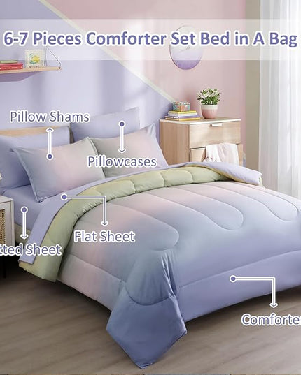 Dinjoy Girls Comforter Set Full Size Colorful Rainbow Ombre Pink Purple Green Bedding Set Gradient 7 Pieces Bed in A Bag for Kids Teen Girl Women(1 Comforter, 1 Flat Sheet, 1 Fitted Sheet) - LeafyLoom