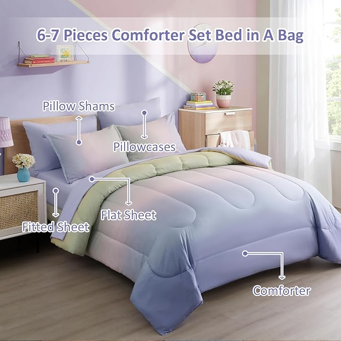 Dinjoy Girls Comforter Set Full Size Colorful Rainbow Ombre Pink Purple Green Bedding Set Gradient 7 Pieces Bed in A Bag for Kids Teen Girl Women(1 Comforter, 1 Flat Sheet, 1 Fitted Sheet) - LeafyLoom