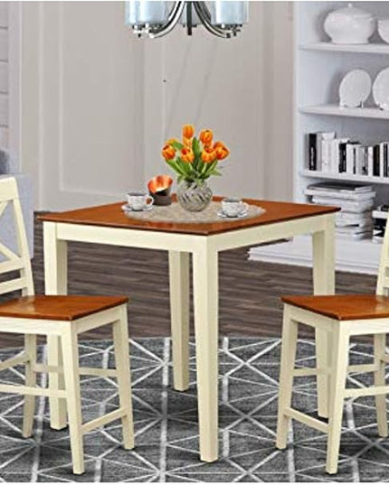 East West Furniture VNQU3-WHI-W Vernon 3 Piece Kitchen Counter Height Set Contains a Square Pub Table and 2 Dining Room Chairs, 36x36 Inch, Buttermilk & Cherry - LeafyLoom