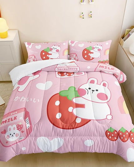 Strawberry Rabbit Comforter Set for Kids Teens Girls Women,Pink Bunny Kids Comforter,1 Comforter with 2 Pillowcase, Microfiber 3 Piece Bedding Set,for All Seasons(Pink，Twin Size) - LeafyLoom