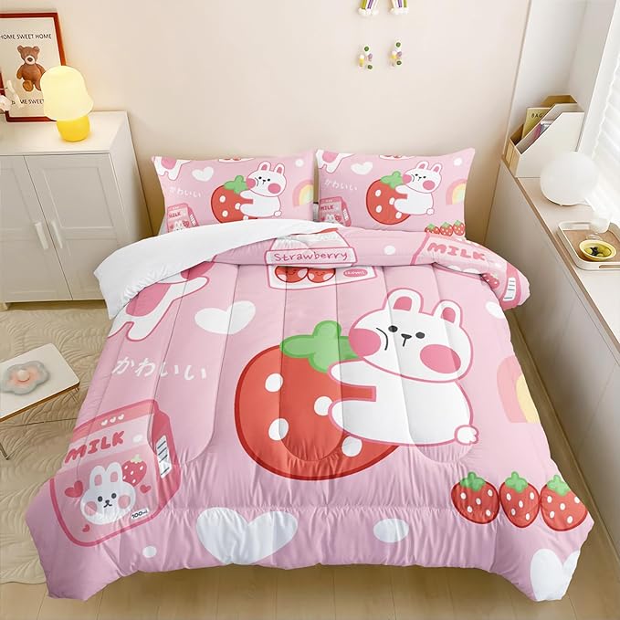 Strawberry Rabbit Comforter Set for Kids Teens Girls Women,Pink Bunny Kids Comforter,1 Comforter with 2 Pillowcase, Microfiber 3 Piece Bedding Set,for All Seasons(Pink，Twin Size) - LeafyLoom