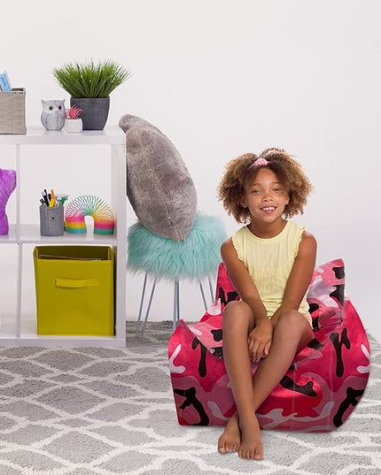 Posh Creations Structured Comfy Bean Bag Chair for Gaming, Reading and Watching TV, Newport Chair, Nylon - Camo Pink and Black - LeafyLoom