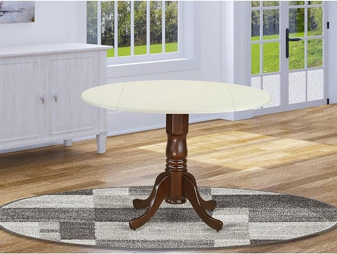 East West Furniture DLT-LMA-TP Dublin Modern Kitchen Table - a Round Dining Table Top with Dropleaf & Pedestal Base, 42x42 Inch, Linen White & Mahogany - LeafyLoom