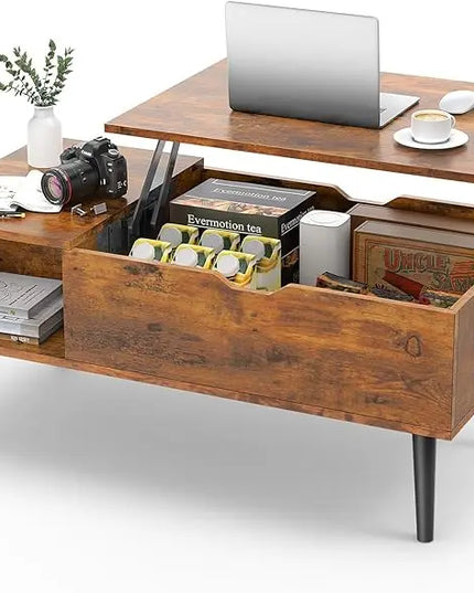 Sweetcrispy Coffee Table Brown, Lift Top Coffee Tables for Living Room, Small Rising Wooden Dining Center Tables with Storage Shelf and Hidden Compartment - LeafyLoom
