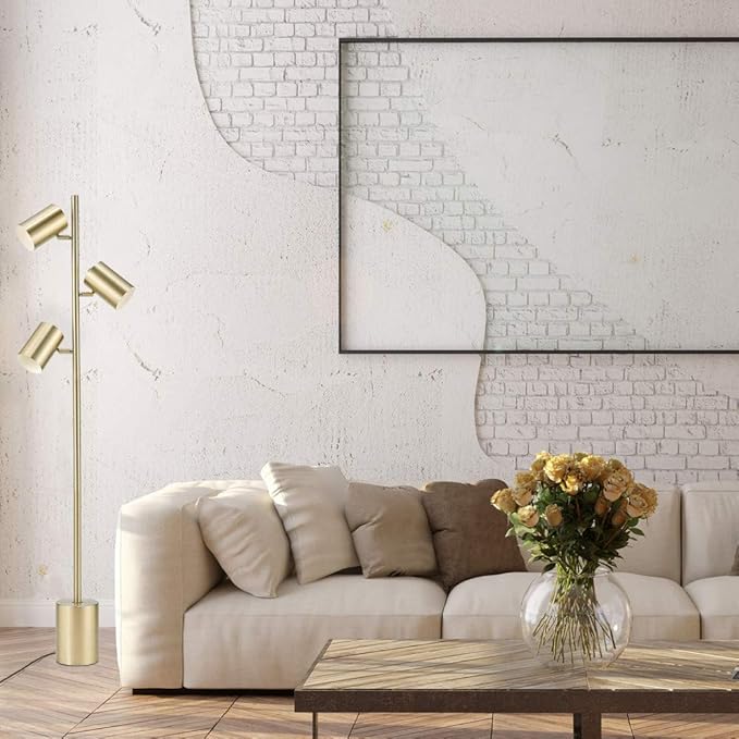 Globe Electric 67604 3-Light Floor Lamp, Matte Soft Gold, Large Weighted Base, Individual Rotary On/Off Switches on Shades, Floor Lamp for Living Room, Floor Lamp for Bedroom, Home Office Accessories - LeafyLoom