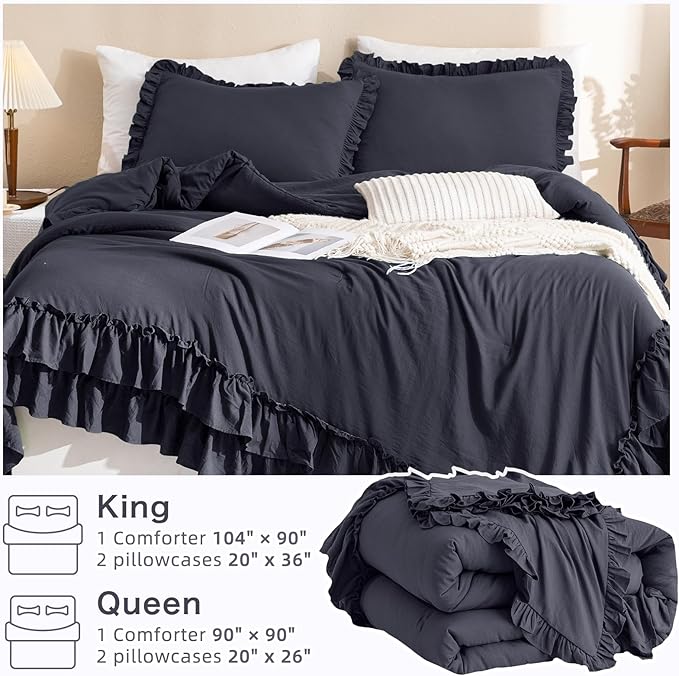 Shabby Comforter Set Queen,Farmhouse Rustic Microfiber Bedding Ruffled Comforter Set,Vintage Dark Gray Ruffle Comforter for Queen Bed Fluffy Aesthetic Grey Bedding 3 Pieces - LeafyLoom
