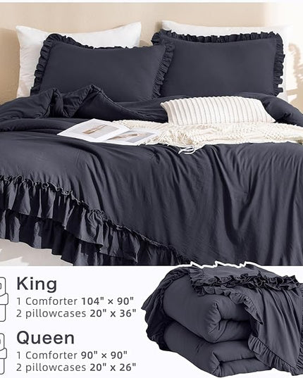 Dark Gray Ruffled Comforter Set King,Farmhouse Shabby Boho Chic Bedding Comforter Vintage Aesthetic Rustic Bedding 3 Pieces (1 Grey Ruffle Comforter and 2 Pillowcases) - LeafyLoom