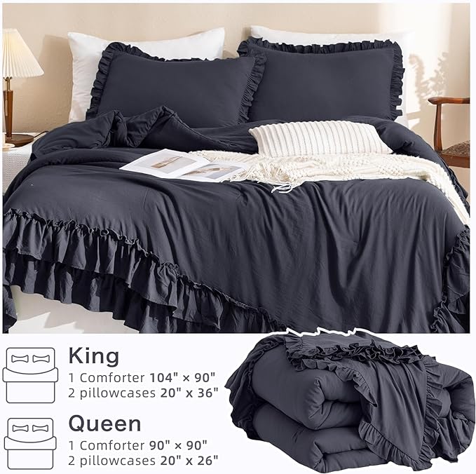Dark Gray Ruffled Comforter Set King,Farmhouse Shabby Boho Chic Bedding Comforter Vintage Aesthetic Rustic Bedding 3 Pieces (1 Grey Ruffle Comforter and 2 Pillowcases) - LeafyLoom