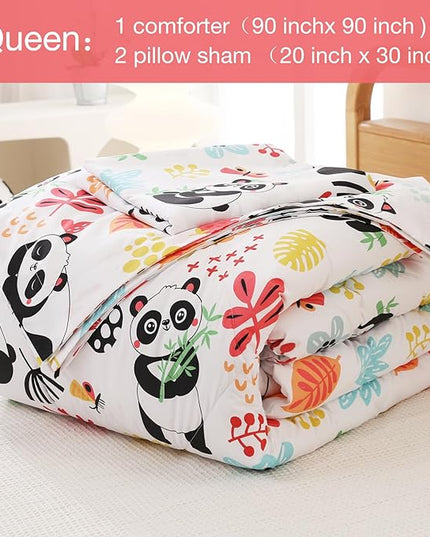 JSD Panda Flower Kids Comforter Set, 3 Pieces Queen Microfiber Comforter with Pillow Sham, Soft Comfortable Machine Washable - LeafyLoom