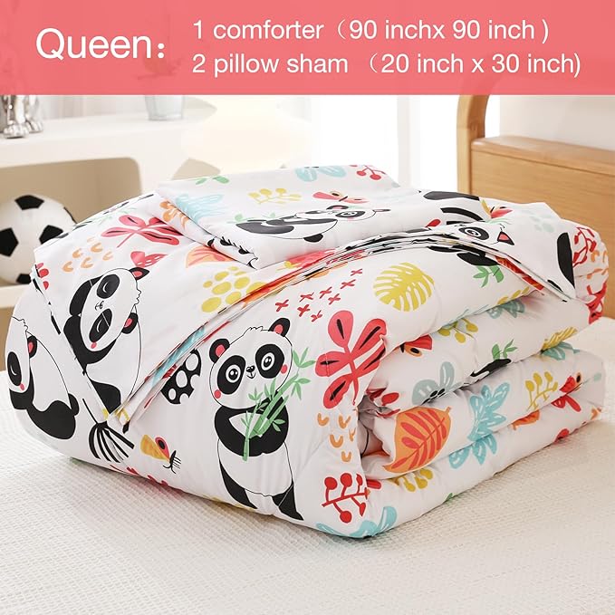 JSD Panda Flower Kids Comforter Set, 3 Pieces Queen Microfiber Comforter with Pillow Sham, Soft Comfortable Machine Washable - LeafyLoom