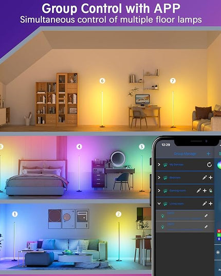 bedee LED Corner Floor Lamp: 64.5 Inch RGB Color Changing with Music Sync, Modern Standing Mood Lighting Remote & App Control, Creative DIY Mode Timing for Living Room Gaming - LeafyLoom