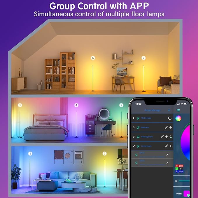 bedee LED Corner Floor Lamp: 64.5 Inch RGB Color Changing with Music Sync, Modern Standing Mood Lighting Remote & App Control, Creative DIY Mode Timing for Living Room Gaming - LeafyLoom