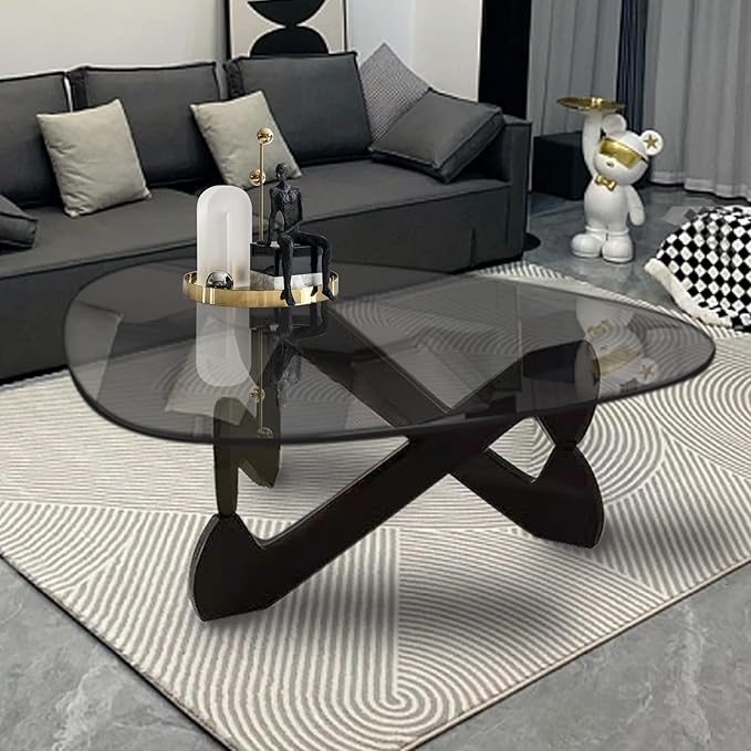 Triangle Coffee Table Glass Coffee Table for Living Room Clear Glass Coffee Table with Solid Wood Base Mid Century Modern Coffee Table for Small Spaces (Black-Gray, 35.8in) - LeafyLoom