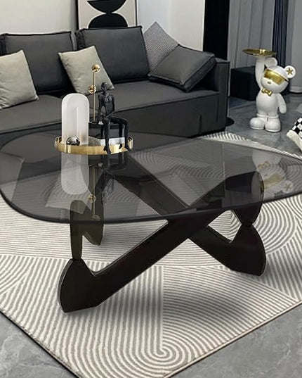 Triangle Coffee Table Glass Coffee Table for Living Room Clear Glass Coffee Table with Solid Wood Base Mid Century Modern Coffee Table for Small Spaces (Black-Gray, 32.3in) - LeafyLoom