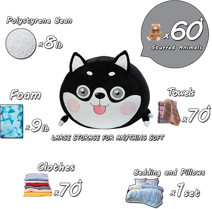 Toy Organizers and Storage for Kids Room Decorations, Childrens Bean Bag Chairs Black Cute Dog, Extra Large Size, Velvet Super Soft Cover Only - LeafyLoom