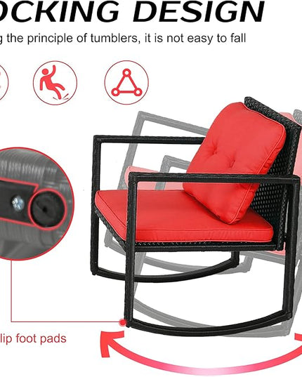 FDW 3 Piece Wicker Patio Furniture Sets Rocking Chair Outdoor Bistro Set Patio Set Rattan Chair Conversation Set with Porch Chairs and Coffee Table,Red - LeafyLoom