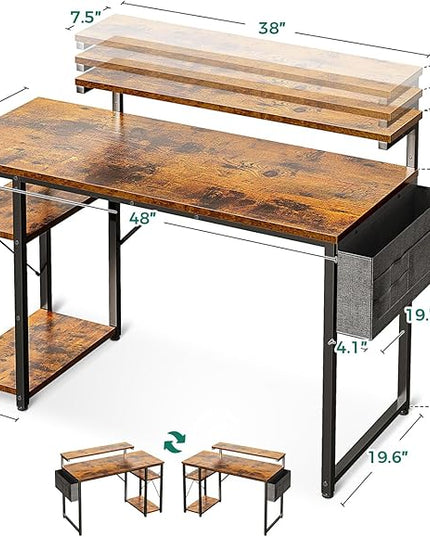 KKL 48 inch Small Computer Desk with Adjustable Monitor Stand, Home Office Desk & Workstation with Storage Shelves, Reversible Work Writing Study Table for Bedroom, Rustic Brown - LeafyLoom