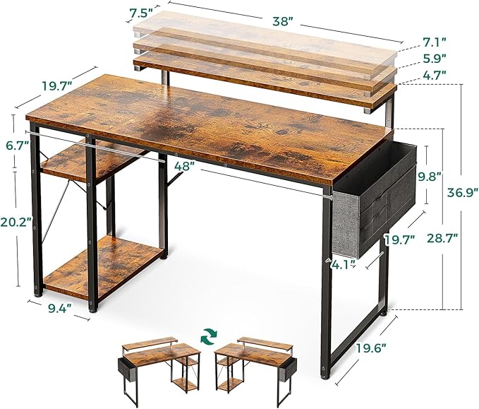 KKL 48 inch Small Computer Desk with Adjustable Monitor Stand, Home Office Desk & Workstation with Storage Shelves, Reversible Work Writing Study Table for Bedroom, Rustic Brown - LeafyLoom