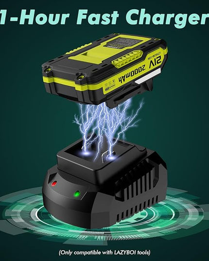 Battery Charger, Replacement 21V Charger for LAZYBOI Cordless Leaf Blower, Multi-Protection Safety System with 1-Hour Fast Charge - LeafyLoom