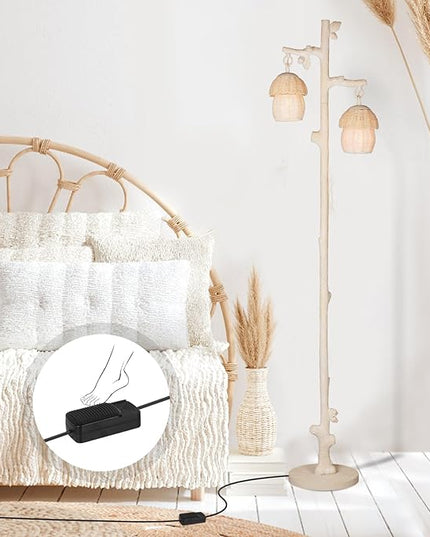 Rattan Floor Lamp with Faux Wood Finish, Boho Floor Lamps with Faux Pinecone and Leaves Decor, Beige - LeafyLoom