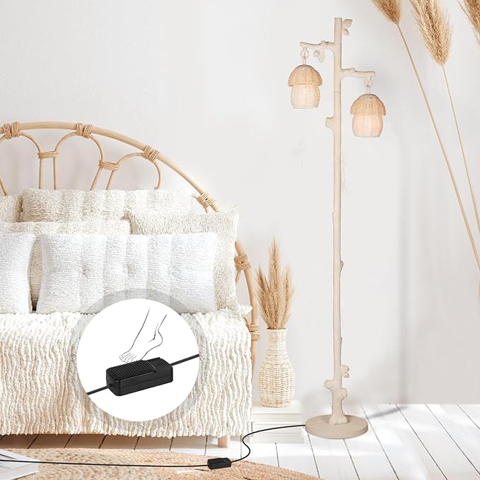 Rattan Floor Lamp with Faux Wood Finish, Boho Floor Lamps with Faux Pinecone and Leaves Decor, Beige - LeafyLoom