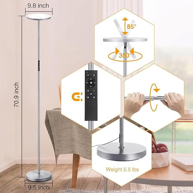 OUTON Floor Lamp, 30W 2400LM LED Modern Torchiere Sky Lamp, Super Bright Dimmable Standing Tall Lamp with 4 Color Temperature, Remote Touch Control, 1-H Timer for Living Room Bedroom Office,Space Grey - LeafyLoom