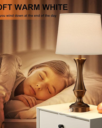 Touch Lamps for Bedrooms Set of 2 - Nightstand Table Lamp with USB C+A, 3 Way Dimmable Bedside Lamps for Living Room End Tables Set of 2, Farmhouse Night Stand Lamps(White&Brown) - LeafyLoom