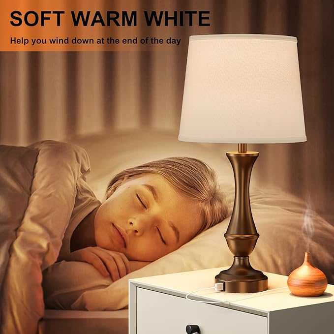Touch Lamps for Bedrooms Set of 2 - Nightstand Table Lamp with USB C+A, 3 Way Dimmable Bedside Lamps for Living Room End Tables Set of 2, Farmhouse Night Stand Lamps(White&Brown) - LeafyLoom