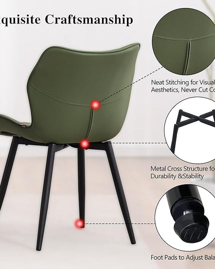 YOUNIKE Dining Chairs Set of 2, Upholstered Faux Leather Kitchen Dining Room Chairs, Modern Living Room Bedroom Side Chairs with Wide Curved Back and Metal Legs, Olive Green - LeafyLoom