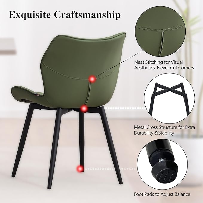 YOUNIKE Dining Chairs Set of 2, Upholstered Faux Leather Kitchen Dining Room Chairs, Modern Living Room Bedroom Side Chairs with Wide Curved Back and Metal Legs, Olive Green - LeafyLoom