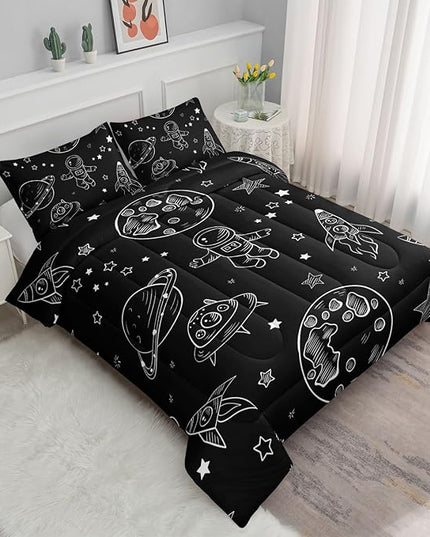 Datura home Kids Space Astronaut Comforter Set for Boys Kids Children,Galaxy Space Ship Astronaut Rocket Printed Bedding Set with 1 Comforter and 2 Pillowcases(Space Galaxy Full), Full 80x90inches - LeafyLoom