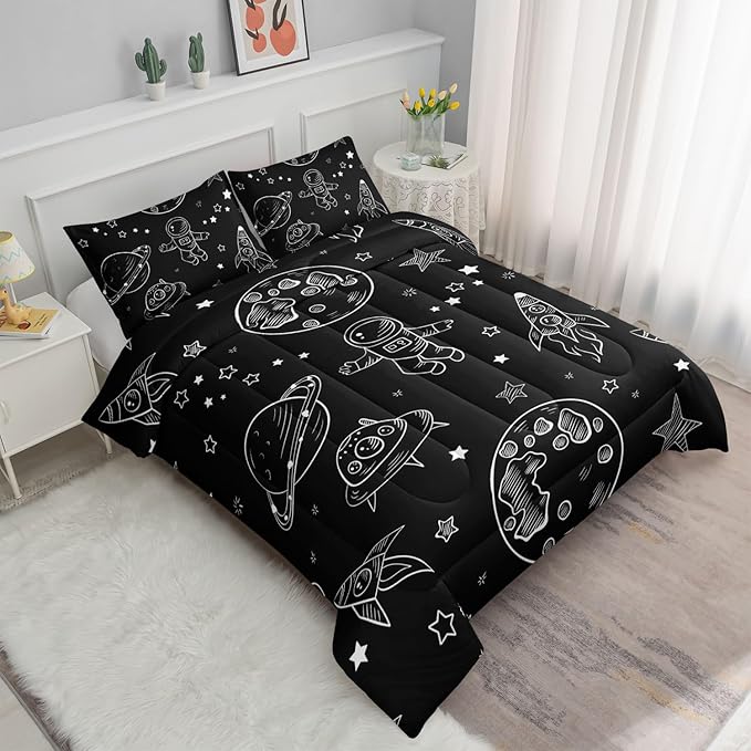 Datura home Kids Space Astronaut Comforter Set for Boys Kids Children,Galaxy Space Ship Astronaut Rocket Printed Bedding Set with 1 Comforter & 2 Pillowcases(Space Galaxy Queen), Queen 90x90inches - LeafyLoom