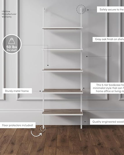 Nathan James Theo 5-Shelf Modern Bookcase, Open Wall Mount Ladder Bookshelf with Industrial Metal Frame, Gray Oak Wood/White - LeafyLoom