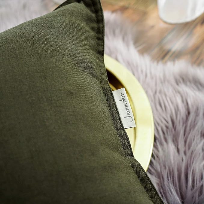 Jeanerlor Cotton Linen Square Decorative Throw Pillow Case Cushion Cover with Twin Needles Stitch on Edge, 12"x20"(30 x 50cm), 2 Pcs, Olive Green - LeafyLoom