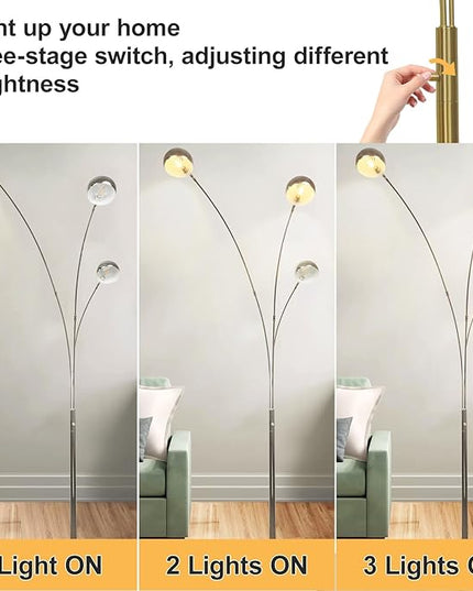 DLLT 3-Light Arc Floor Lamp, 86.6" Chrome Floor Lamps for Living Room, Multi-Head LED Standing Tall Lamp with Adjustable Arms, Modern Tree Floor Lamp for Bedroom, Study, Office, E12 Bulbs Included - LeafyLoom