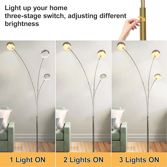DLLT 3-Light Arc Floor Lamp, 86.6" Chrome Floor Lamps for Living Room, Multi-Head LED Standing Tall Lamp with Adjustable Arms, Modern Tree Floor Lamp for Bedroom, Study, Office, E12 Bulbs Included - LeafyLoom