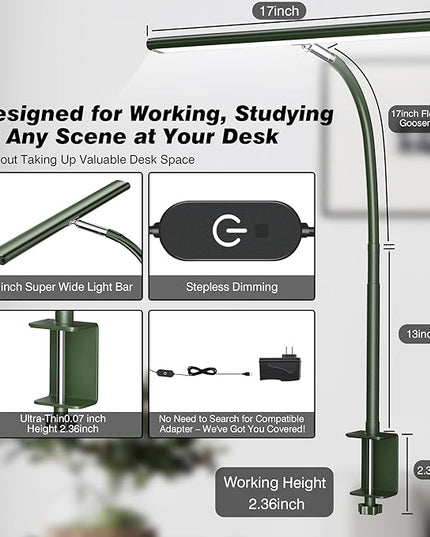 LED Desk Lamp for Office Home, Eye-Caring Desk Light with Stepless Dimming Adjustable Flexible Gooseneck, 10W USB Adapter Desk Lamp with Clamp for Reading, Study, Workbench (Green) - LeafyLoom